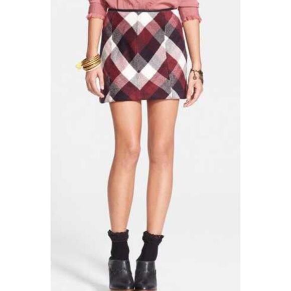 Free People Twiggy Herringbone Wool Like Mini Skirt Size 0 Maroon Ivory Boho - Picture 1 of 10